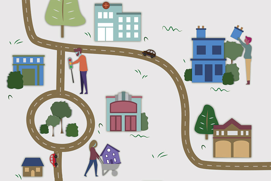 illustration of people assembling a town
